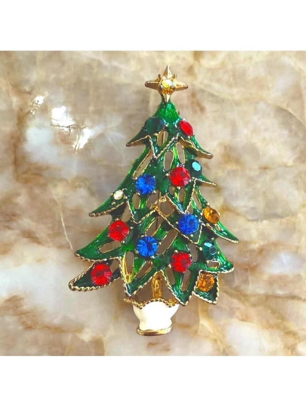 Vintage Green and Red Christmas Tree Brooch